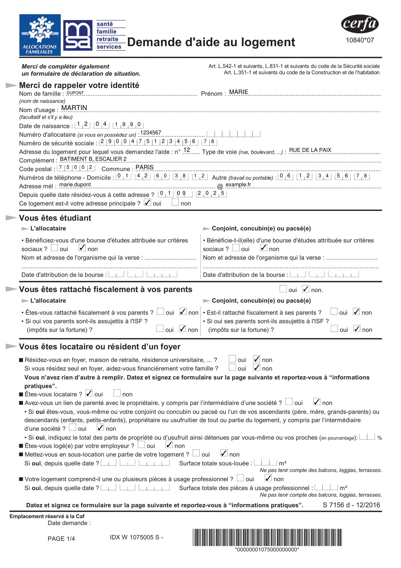 French CERFA 10840*07 housing-aid form filled with sample data